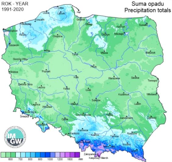 Suma opadów atmosferycznych w Polsce na podstawie średniej wieloletniej z lat 1991-2020. 